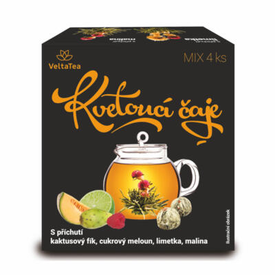 Kvitnúci čaj, Mix 4ks rôznych príchutí (4 x 6g). Príchute kaktus, melón, limetka, malina.
