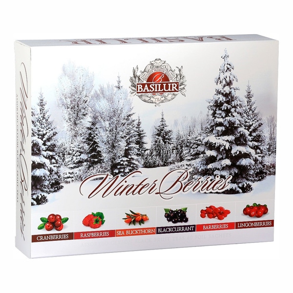 Krásna vianočná kazeta BASILUR Winrer Berries Assorted, obsahuje 60 sáčkov čaju.