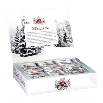 Krásna vianočná kazeta BASILUR Winrer Berries Assorted, obsahuje 60 sáčkov čaju.