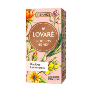Príjemne sladkastý bylinkový porciovaný čaj značky LOVARÉ, Rooibos Honey vrecúšok, 47% roibos plus ostatné zložky.