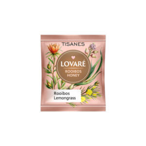 Príjemne sladkastý bylinkový porciovaný čaj značky LOVARÉ, Rooibos Honey vrecúšok, 47% roibos plus ostatné zložky.