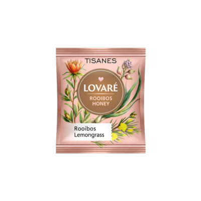 Príjemne sladkastý bylinkový porciovaný čaj značky LOVARÉ, Rooibos Honey vrecúšok, 47% roibos plus ostatné zložky.