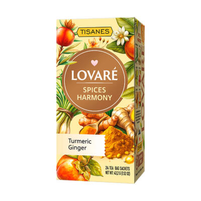 Povzbudivá a nevšedná kombinácia byliniek, ovocia a korenín v bylinkovom čaji LOVARÉ Spices Harmony 24 vrecúšok.