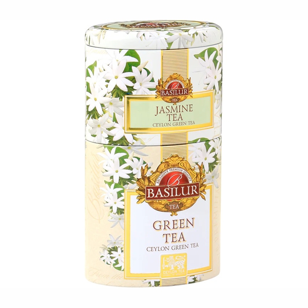 Elegantná dvojkombinácia prémiových zelených čajov v krásnej plechovke Basilu Jasmine & Green tea.