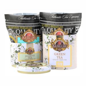 Elegantná dvojkombinácia prémiových zelených čajov v krásnej plechovke Basilu Jasmine & Green tea.