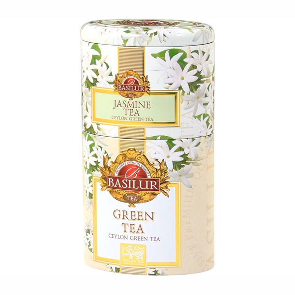 Elegantná dvojkombinácia prémiových zelených čajov v krásnej plechovke Basilu Jasmine & Green tea.