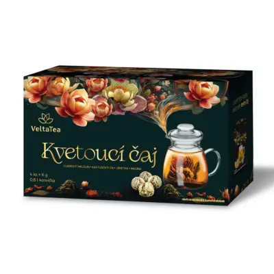 Kvitnúci Čaj Mix 4ks s Konvičkou, darčekové balenie čierne