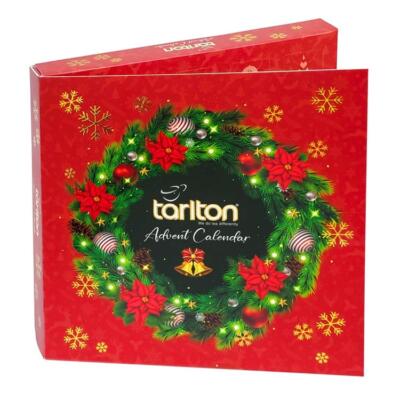 Tarlton Adventný Čajový Kalendár ktorý obsahuje 24 pyramídových vrecúšok s mixom príchutí.