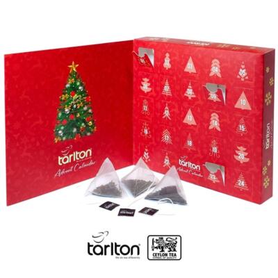 Tarlton Adventný Čajový Kalendár ktorý obsahuje 24 pyramídových vrecúšok s mixom príchutí.