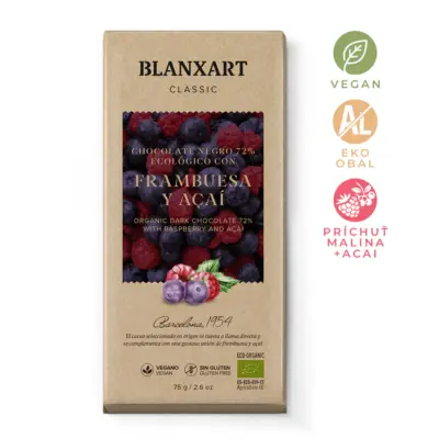 BLANXART Horká čokoláda 72% s Acai a malinami 75g
