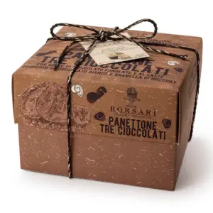 BORSARI Panettone s kúskami horkej a mliečnej čokolády, pokrytý bielou čokoládou a lieskovými orechmi 750g