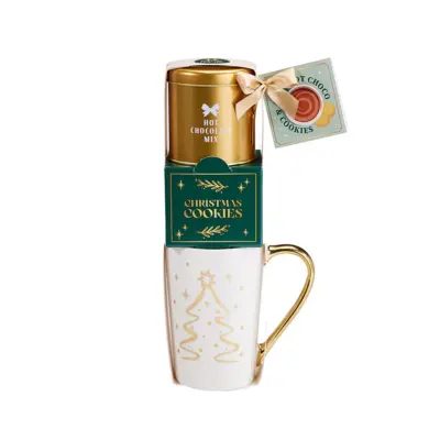 BECKY´S Soft Wishes Darčekový set s pohárom, horúcou čokoládou a sušienkami, STROMČEK 50g